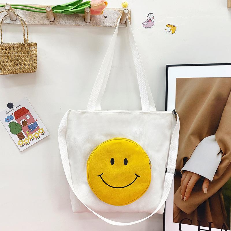 

Холщовая сумка большой вместимости, студенческая сумка для покупок, ручная сумка, холщовая сумка в стиле колледжа с принтом смайлика, сумка для репетитора белый