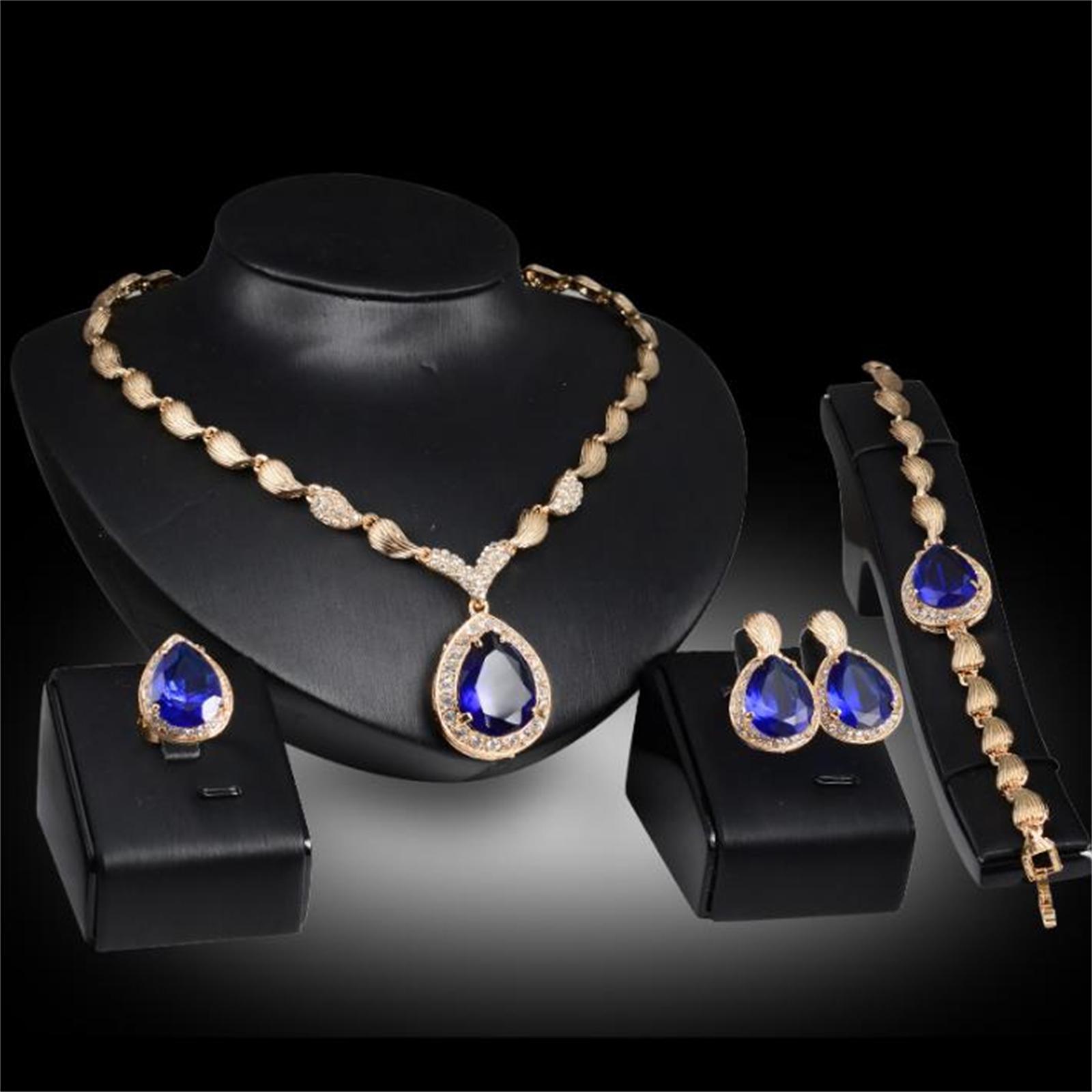 

Four Piece Jewelry Set Necklace Earrings Ring Bracelet with Teardrop Gemstone Pendant and Matching Accessories for Women One Size синий