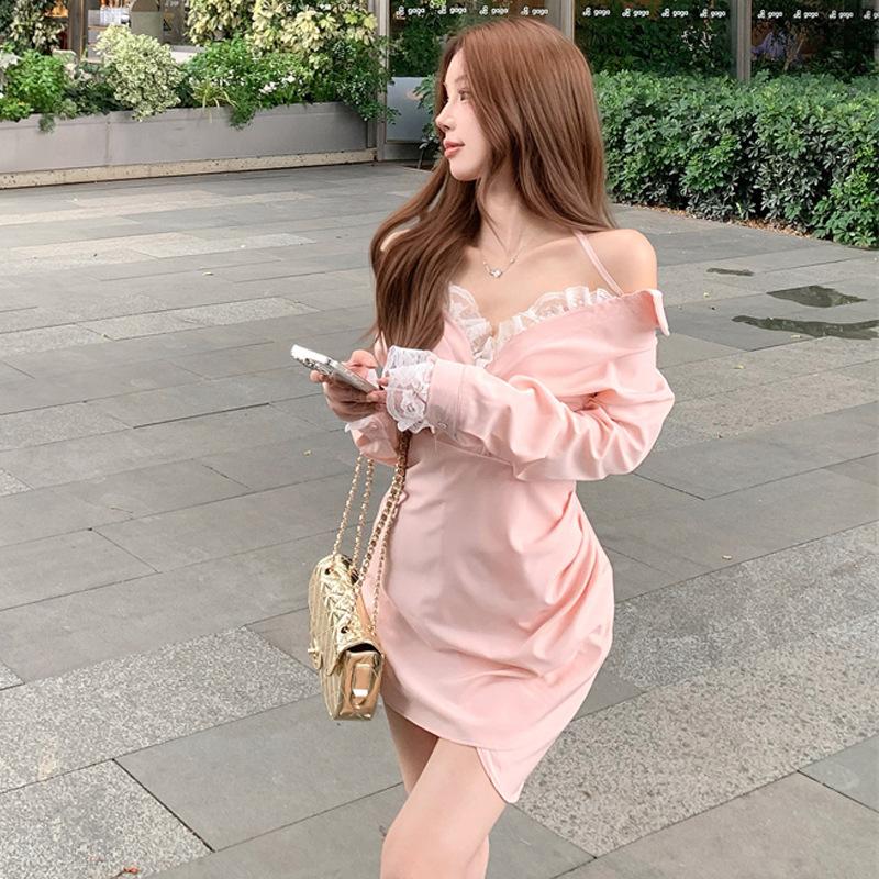 

Новое модное чистое желание аккуратное кружевное платье-рубашка с открытыми плечами для женщин S розовый