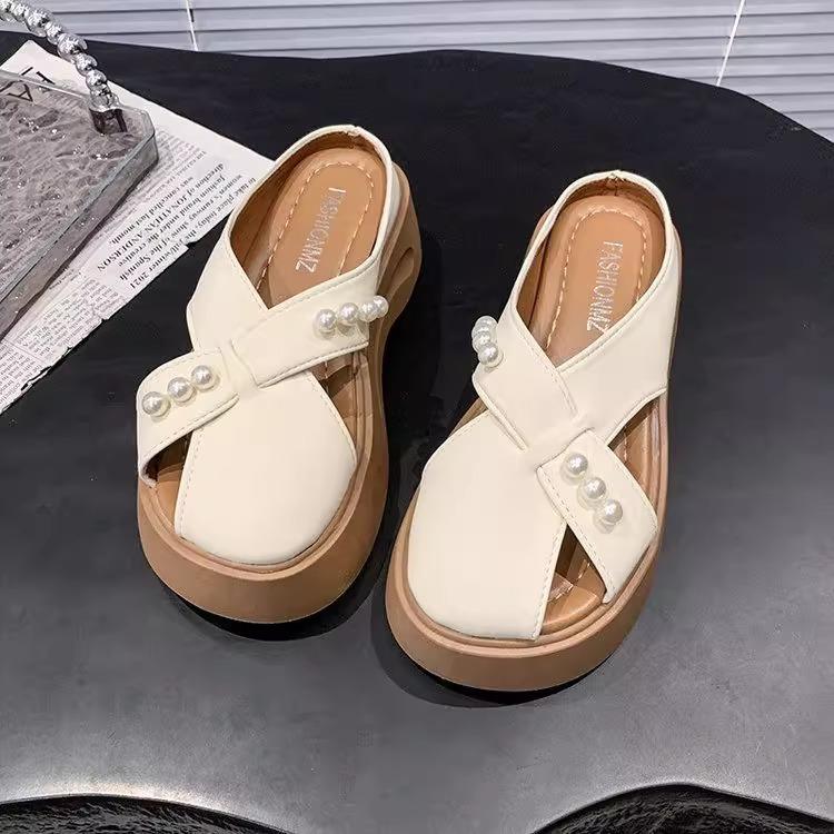 Casual women's shoes bag head slippers 2025 new summer pearl fashion thick sole height increase one pedal lazy cool slippers