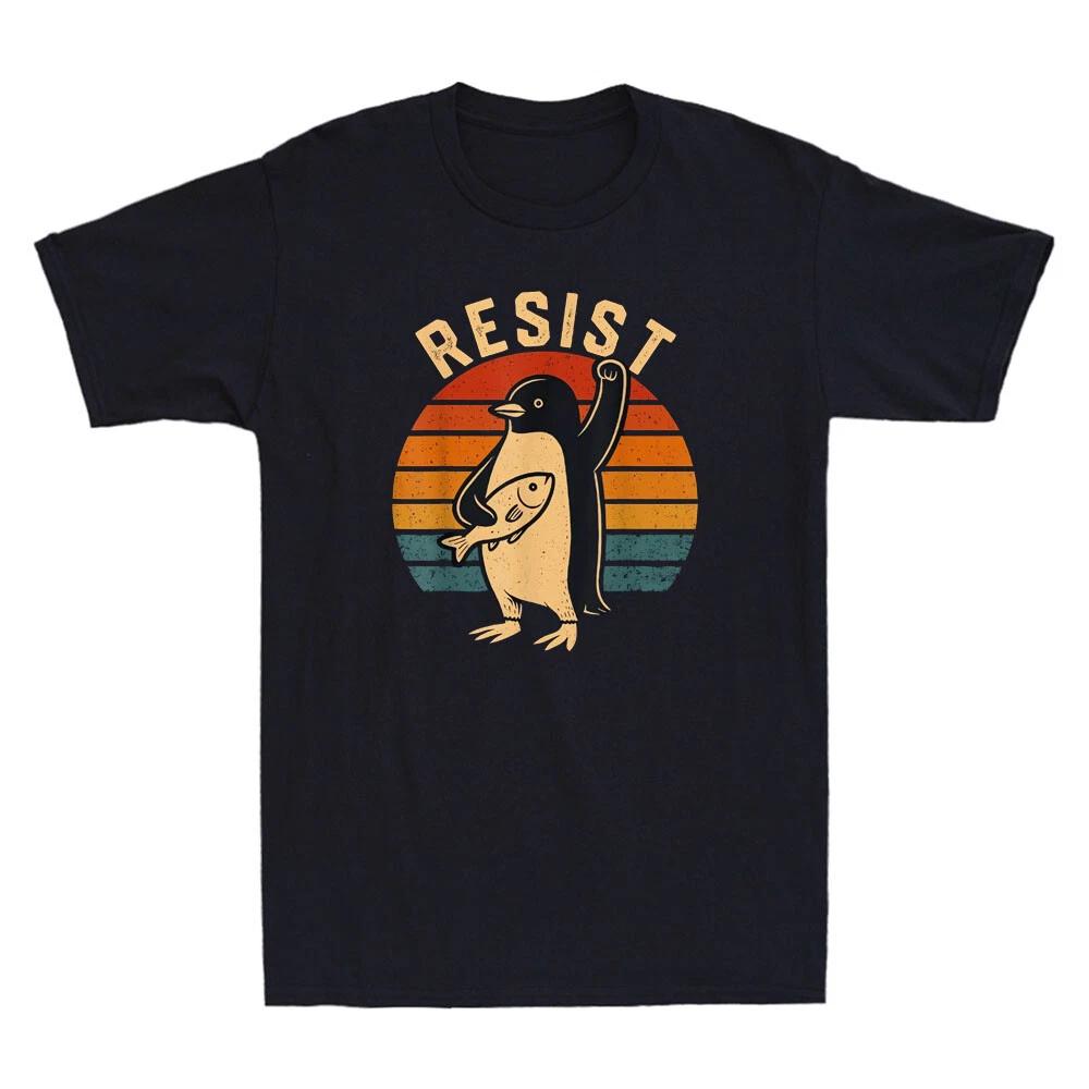 Penguin Resist Protest Against Tariffs Funny Penguin With Fish Meme Men T-Shirt L