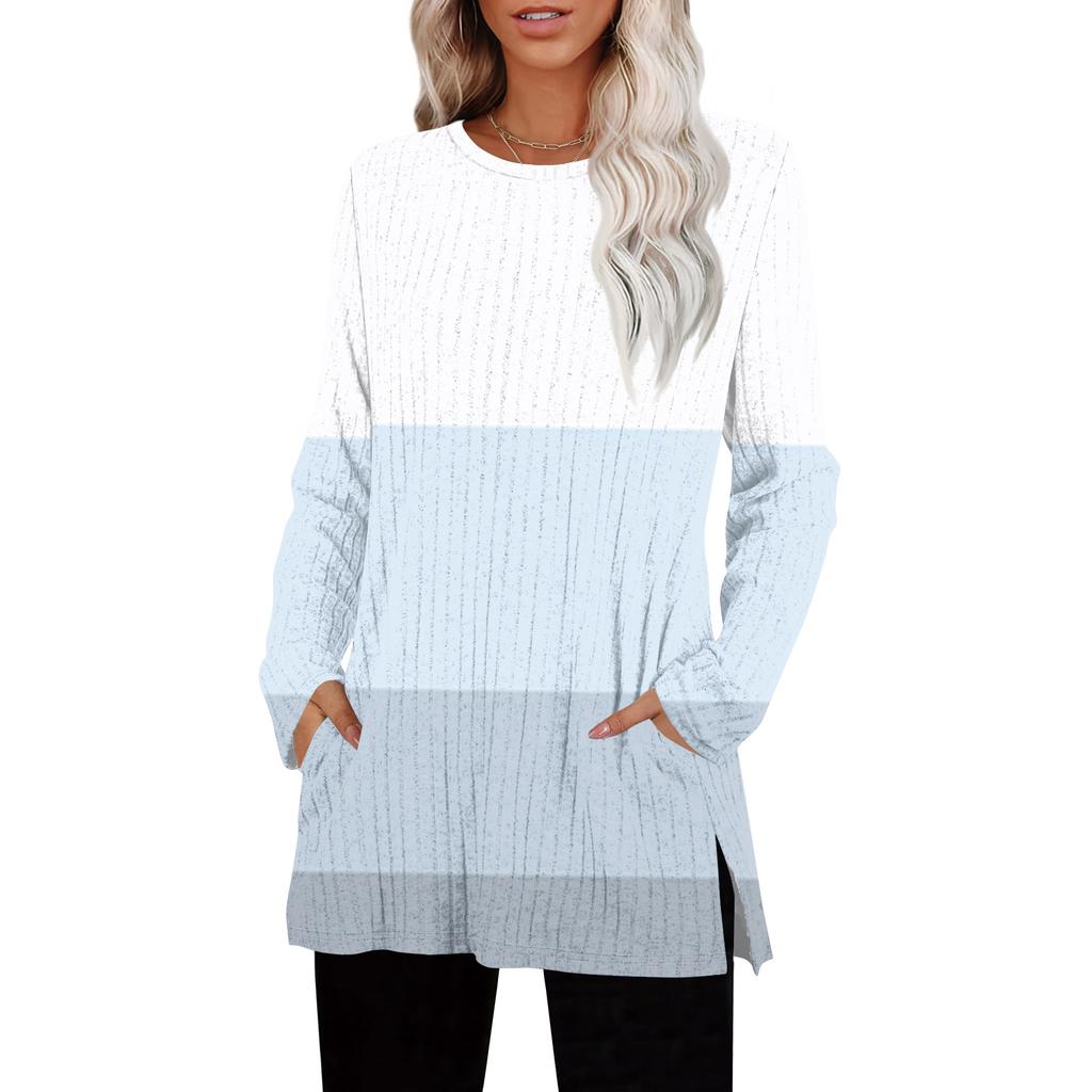 Womens Sweaters Crewneck Long Sleeve Shirts With Pockets Fall Outfits  Fashion Winter Clothing Side Slit