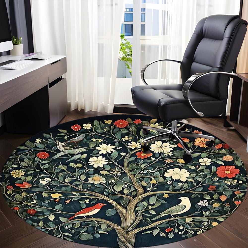1PC Floral Tree Birds Office Round Area Rug,  Mat Suitable ForOffice, Under Office Chairs Bedroom Living Room Home Decor, Room Deco