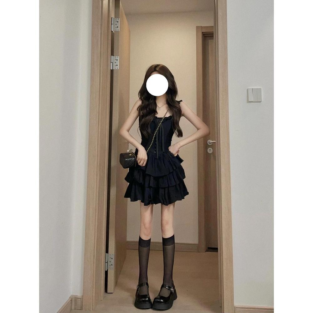 Sweet Black Suspender Dress Summer New Small Princess Short Dress Women Retro Waist Thin Fashion