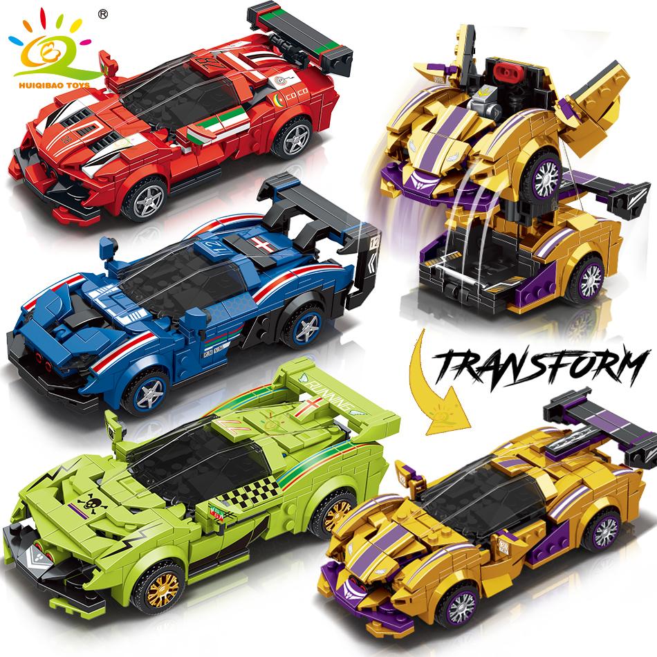 HUIQIBAO One Step Transfrom Racing Car Model Building Blocks 2in1 Robot Mecha Creative Bricks Set Children Toy For Kids Boy Game