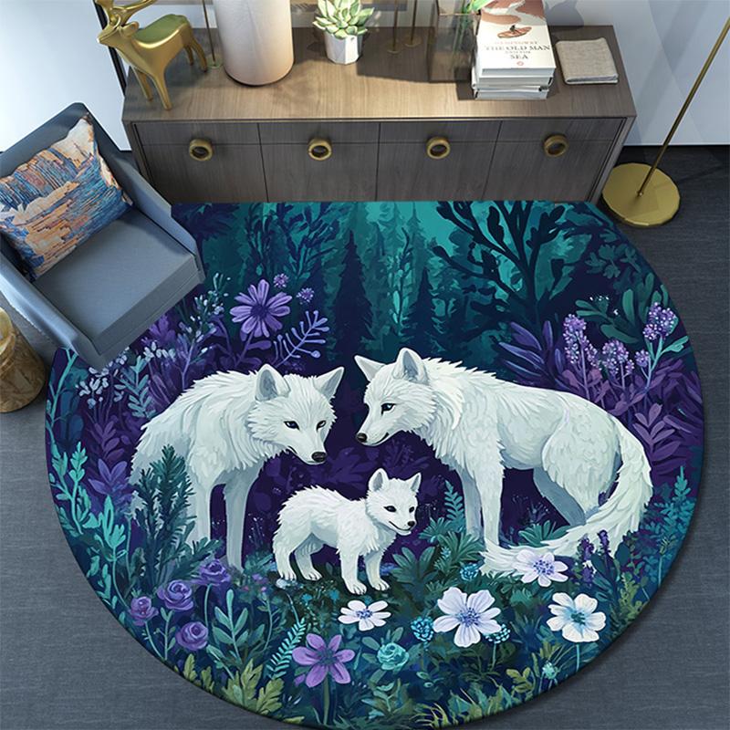 Wolf Family Round Area Rug,Carpet Rug for Living Room Bedroom Sofa Playroom Decor,Non-slip Floor Mat