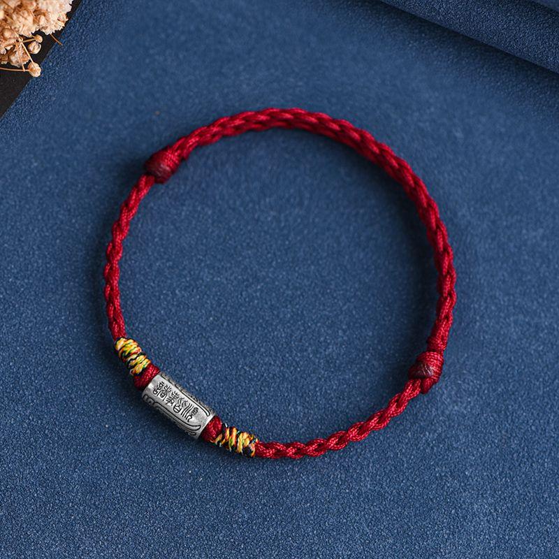 Putuo Mountain Sterling Silver Red Rope Bracelet Women Lucky Beads Tibetan Style Retro Woven Couple Year of Fate Safe and Good Luck Carrying Strap