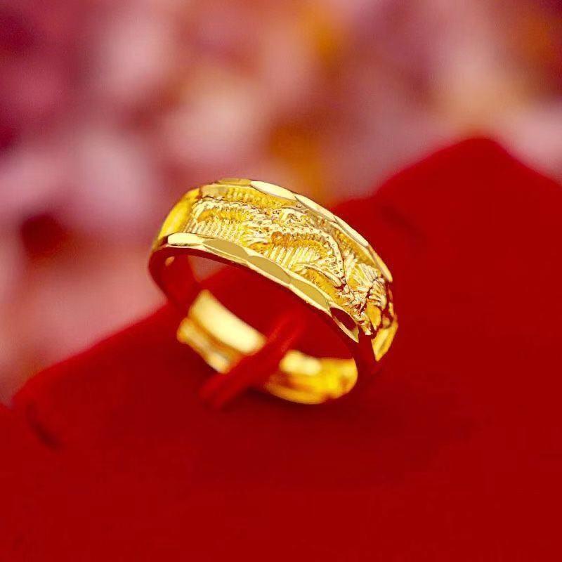 Adjustable Open Couple Rings Gold Carved Dragon Phoenix Pattern Fashion Jewelry for Wedding Gift