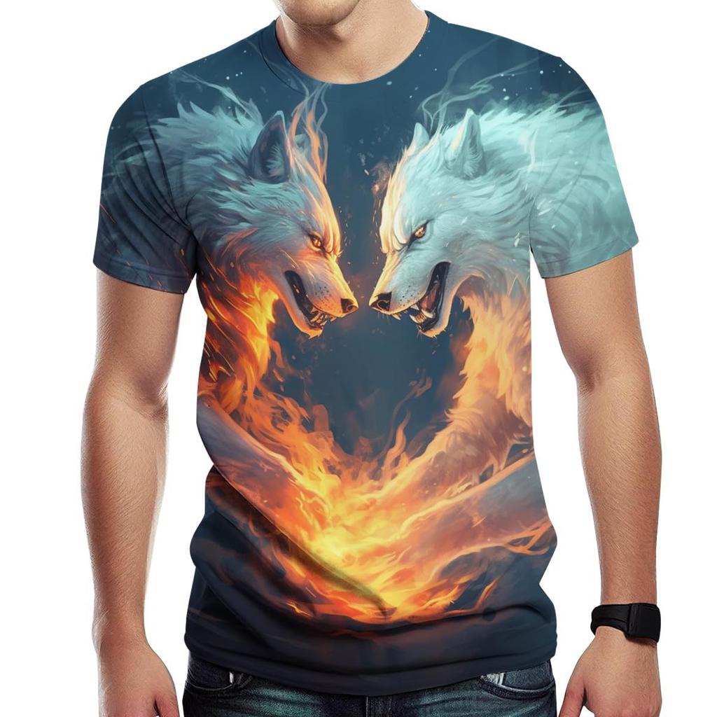 Summer 3D Printed T-shirt Men's Wolf Pattern Round Neck Short Sleeved T-shirt