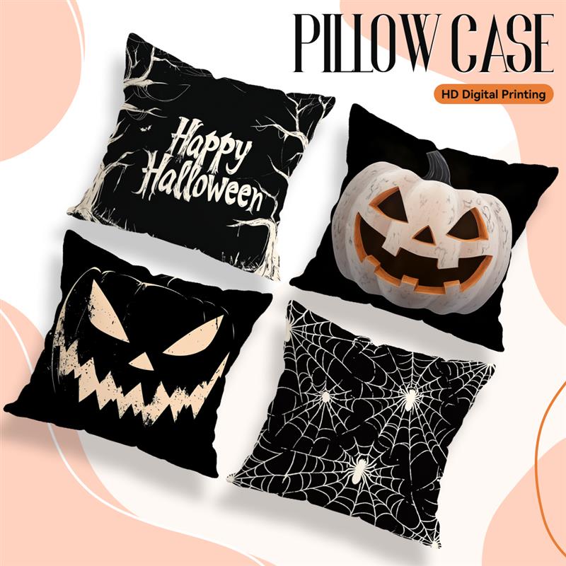 Home Decor Halloween Themed Pumpkin & Spider Web Pillows Pattern Cushion Cover Suitable For Sofa Bedroom Car Pillow Cover