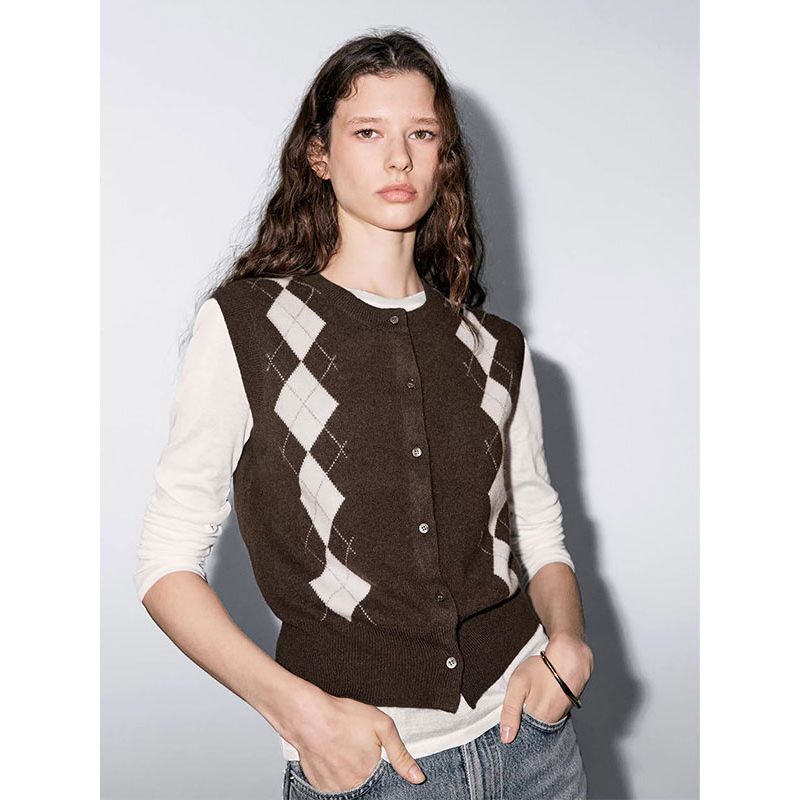 MD Women clothes American Preppy Diamond Plaid Retro round Neck Sleeveless Knit cardigan Vest 05768593717