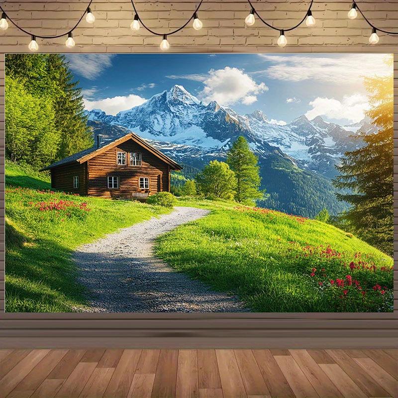 1pc Swiss mountain landscape background - vibrant green meadows, wooden cottages, snow-capped mountains (as the picture,100x150cm)