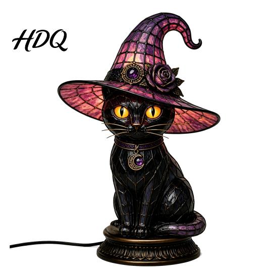 Transparent Gemstone Table Light Black Cat Witch Hat Lamp with Dreamy Purple Light Eye Protection Lamp Gothic Retro Halloween Ornament for Bedroom