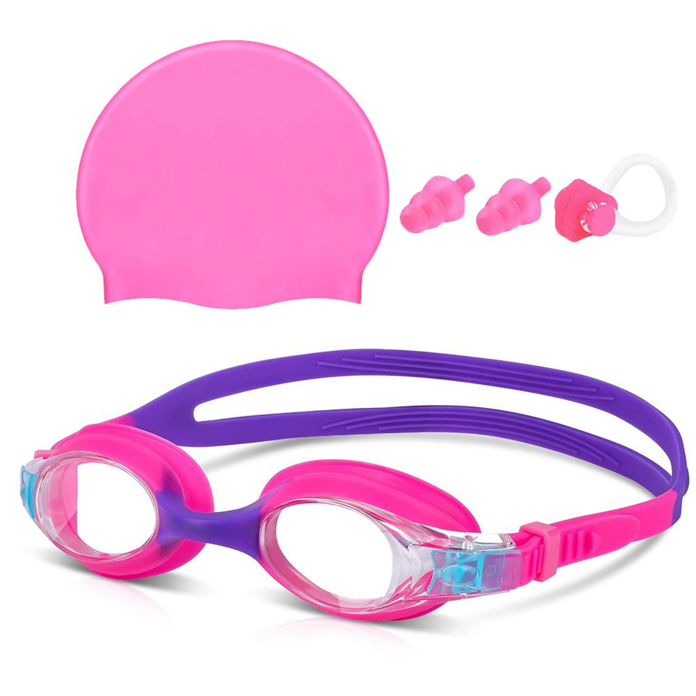 Kids Swimming Goggles Set with Silicone Swim Cap, Anti-fog Leak Proof Swim Gear Kit for Children розовый