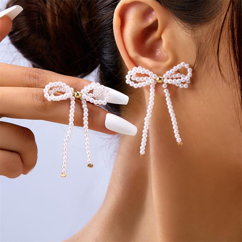 Vintage Imitation Pearl Bowknot Drop Earrings for Women Handmade Beads Long Hanging Earrings Girls Party Wedding Jewelry Gift