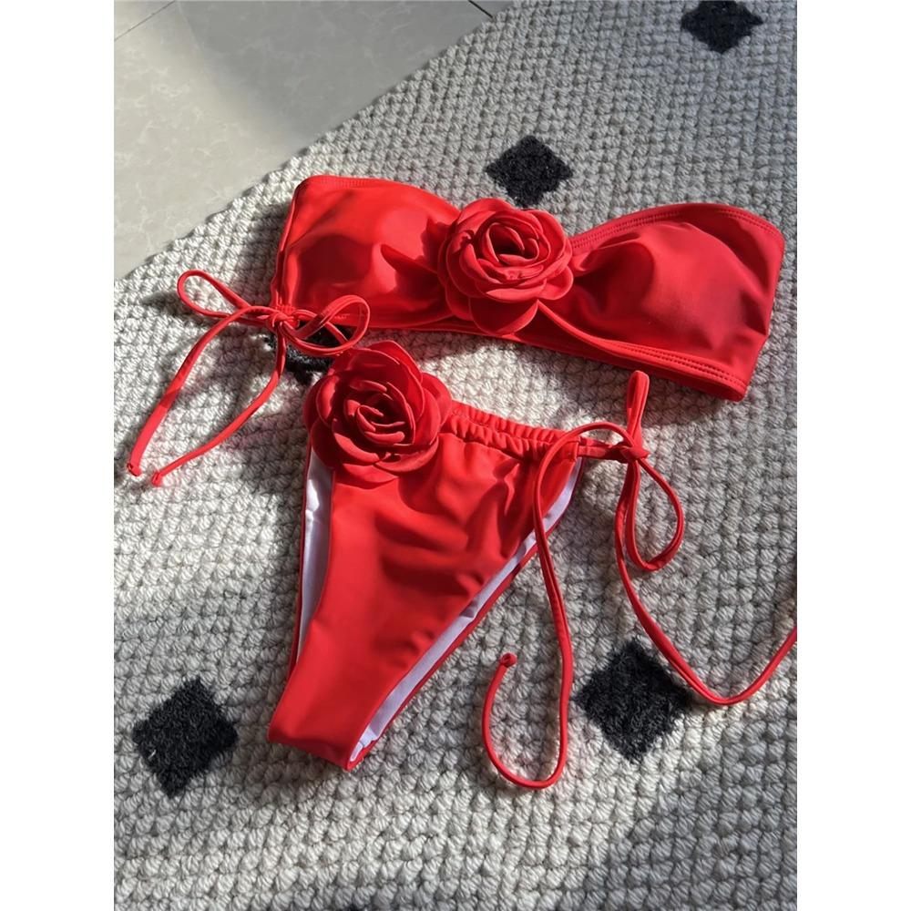 14 Colors 3D Flowers Bandeau High Cut Bikini Female Swimsuit Women Swimwear Two-pieces Bikini Set Bather Bathing Suit Swim K5265