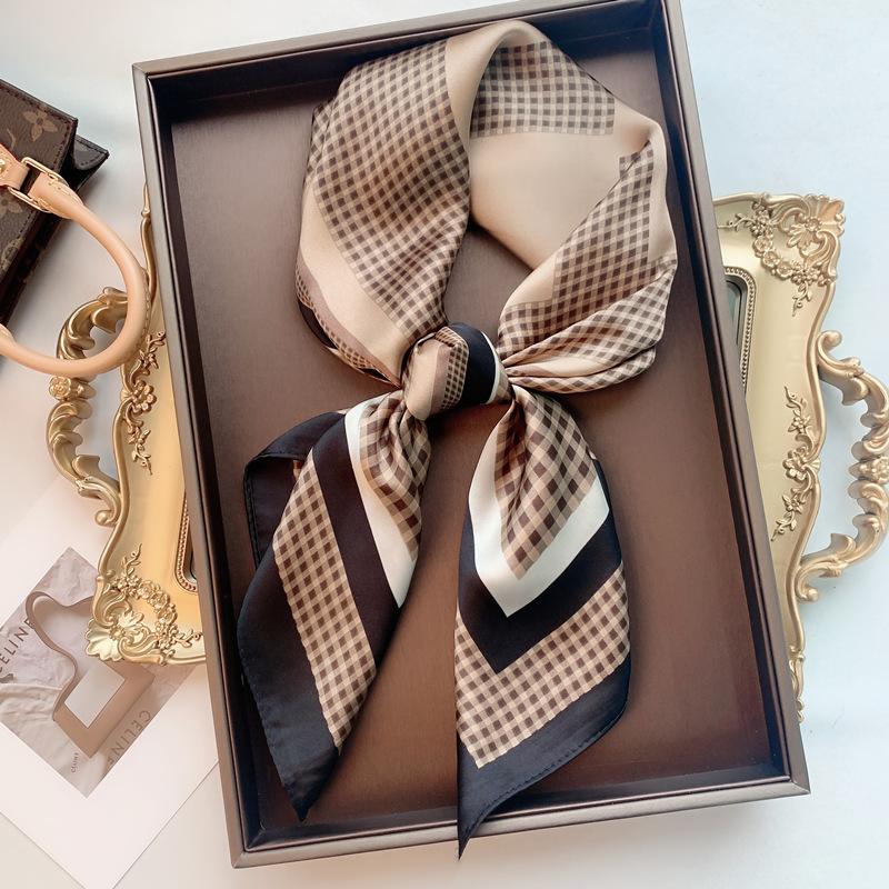 

70x70 см женский клетчатый шелковый квадратный шарф, атласная шаль, хиджаб, женская повязка для волос, головной платок на запястье, бандана, аксессуары для одежды