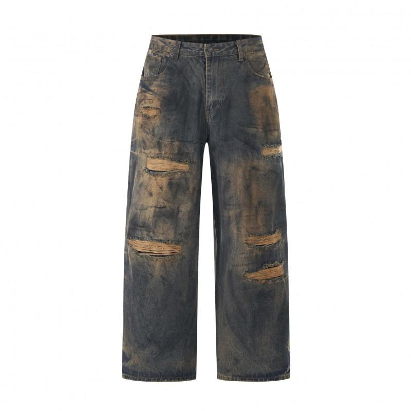 Mens Vintage Distressed Wide Leg Denim Jeans With Washed Fade Effect Loose Fit High Street Style