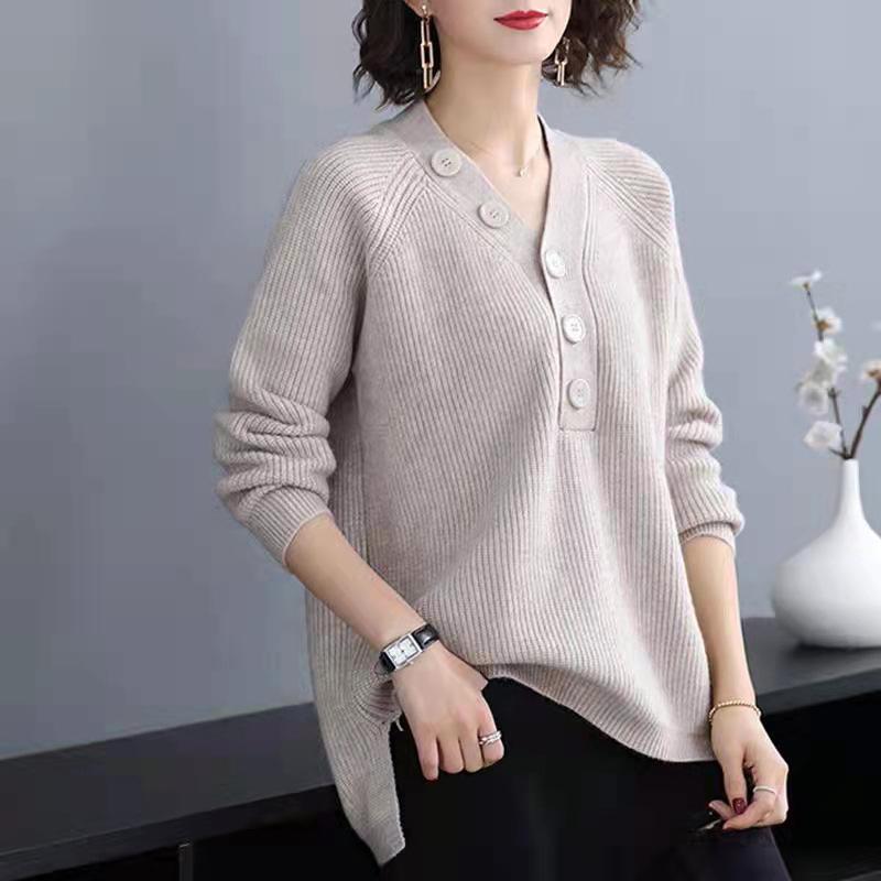 

Женский пуловер с V-образным вырезом, осенний новый стиль, свободный и толстый, однобортный вязаный свитер 3XL абрикосовый