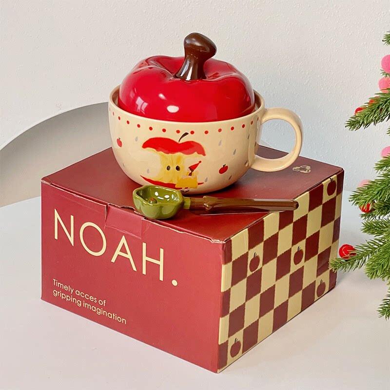 Cute Apple Ceramic Mug with Lid and Spoon