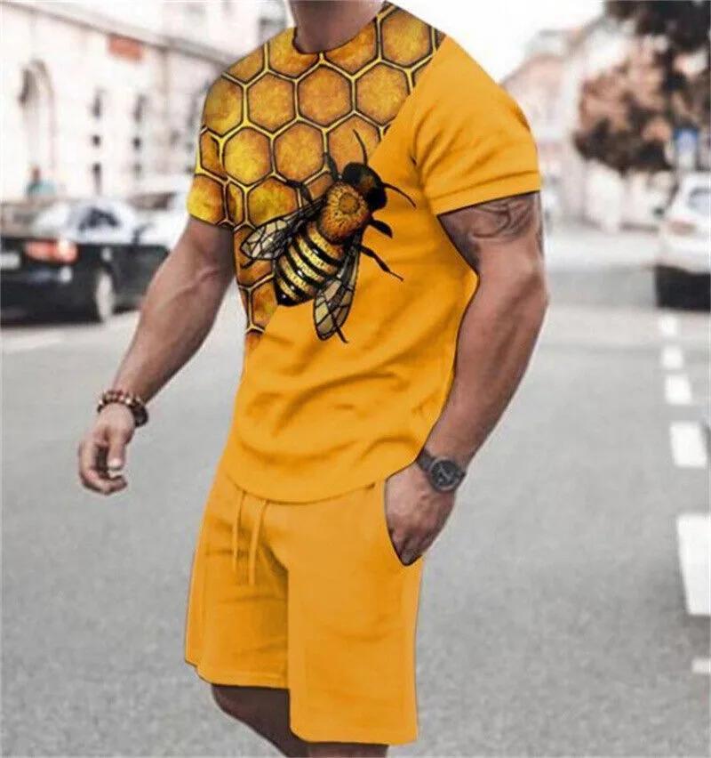 Neuer Sommer 3D geometrischer Musterdruck tägliche Wander-Sportbekleidung Herrenanzug kurzärmeliges T-Shirt + Streetshorts zweiteiliges Set