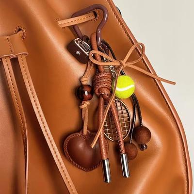 Y2K Vintage Braunes Leder Schleife Herz Anhänger Tennis Schlüsselanhänger Ins Geflochtenes Lanyard Schlüsselanhänger Für Damen Taschenanhänger Charms