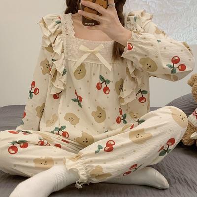 Lady Sweet Style Y2k Cartoon Women's Pajamas Bubble Cotton Bow Square Neck Female Nightgown 2024 Autumn New Youth Chic Sleepwear