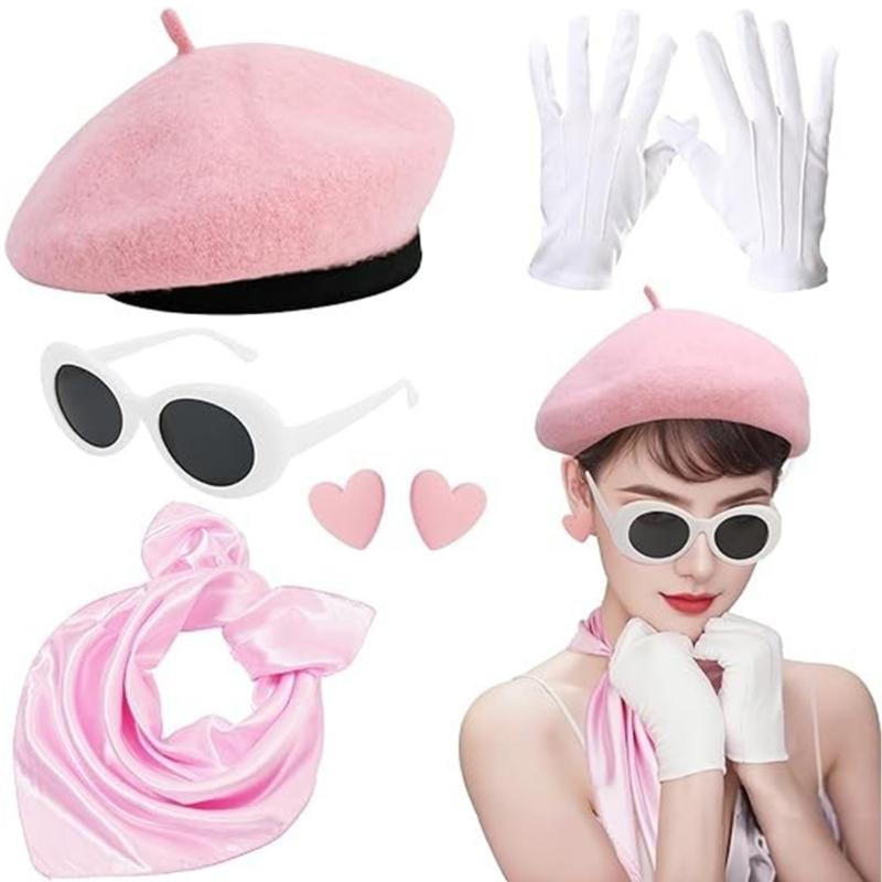 Lata 80. Zestaw akcesoriów do stroju do odgrywania ról z kapeluszem, okularami przeciwsłonecznymi, kolczykami w kształcie serca, rękawiczkami, szalikiem dla kobiet na imprezę tematyczną z okazji urodzin
