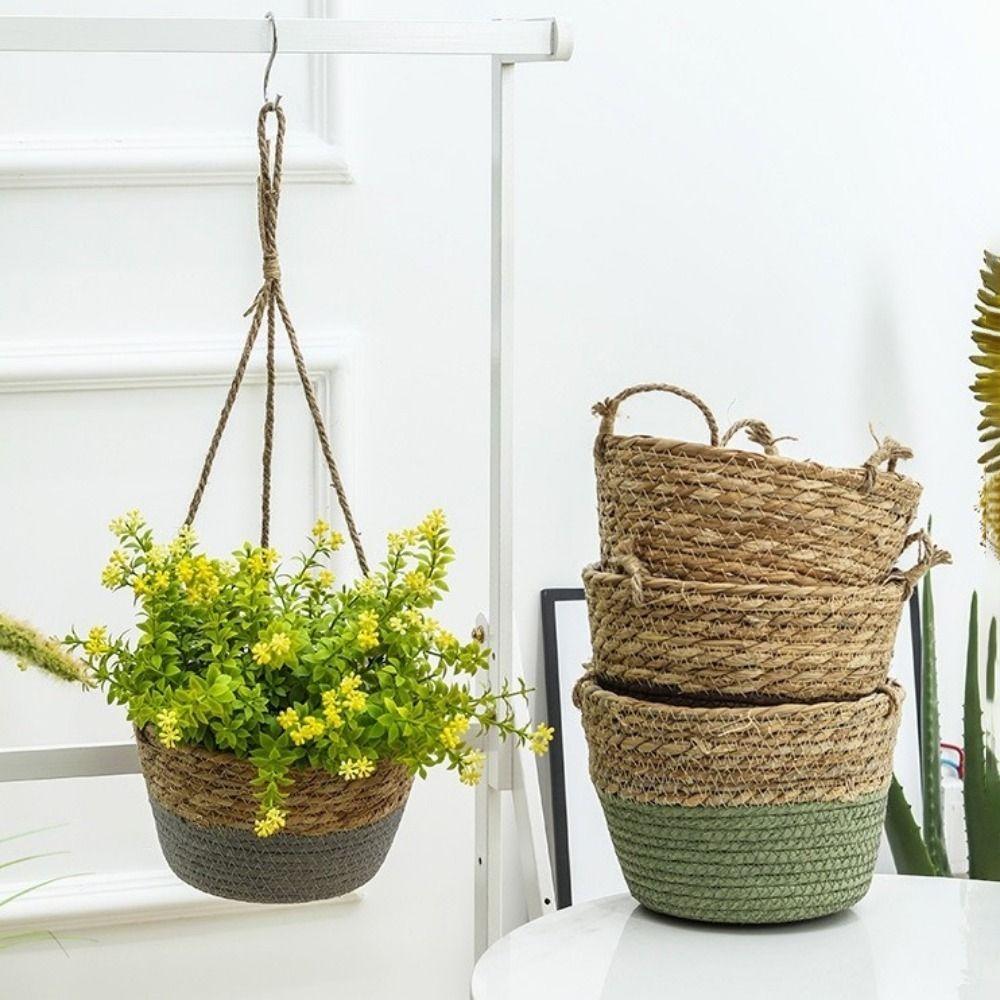Decorative Straw Hanging Basket Handmade Macrame Plant Storage Basket Flower Pot  Home Decor