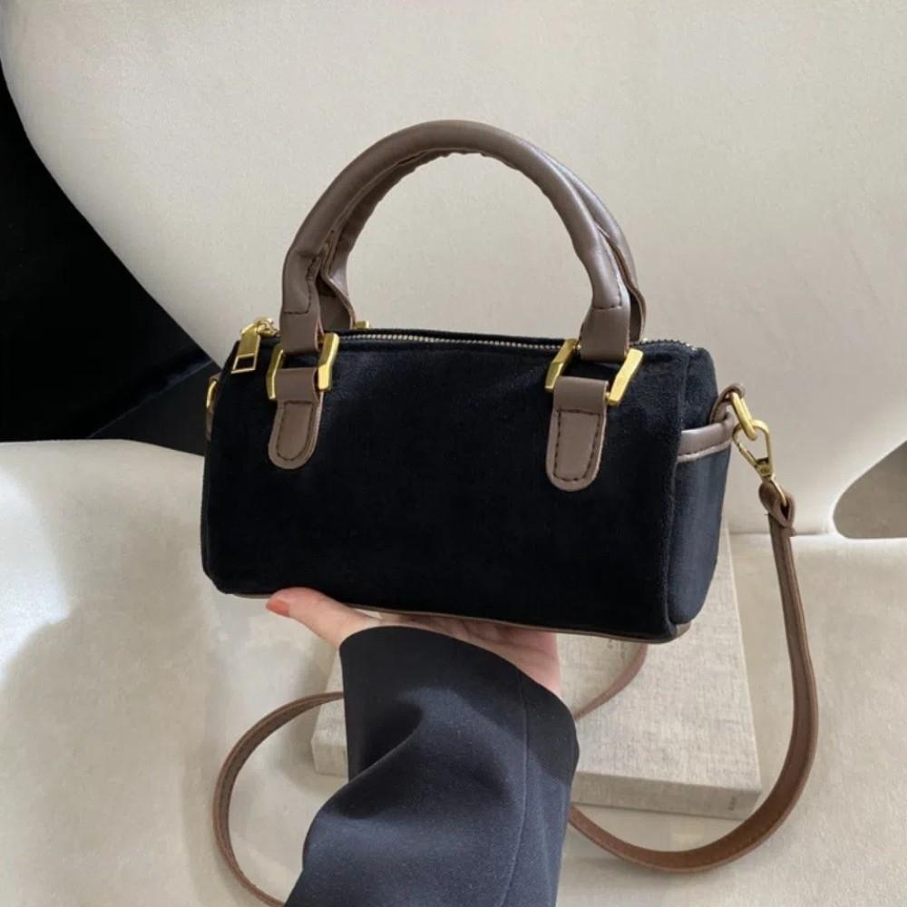 Zipper Faux Suede Cylinder Bag Y2K Women's Handbag Simple Boston Crossbody Bag Girls