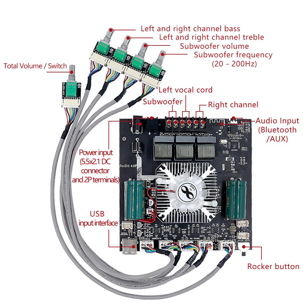 Placa Amplificadora Bluetooth ZK-HT21-3G/Suporte USB AUX APP TWS/Módulo de Saída para Subwoofer 160W+160W+220W 2.1 Canais TDA7498E