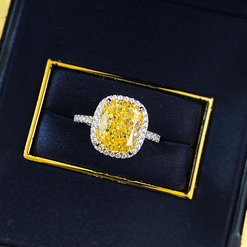 European-American Style High Carbon S925 Silver Ring with Yellow Diamond Ice Flower Design