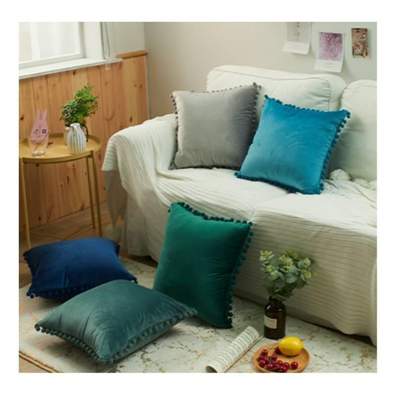 Velvet Solid Dutch Color Pillow Cases Pompom Edging Cushion Cover Living Room