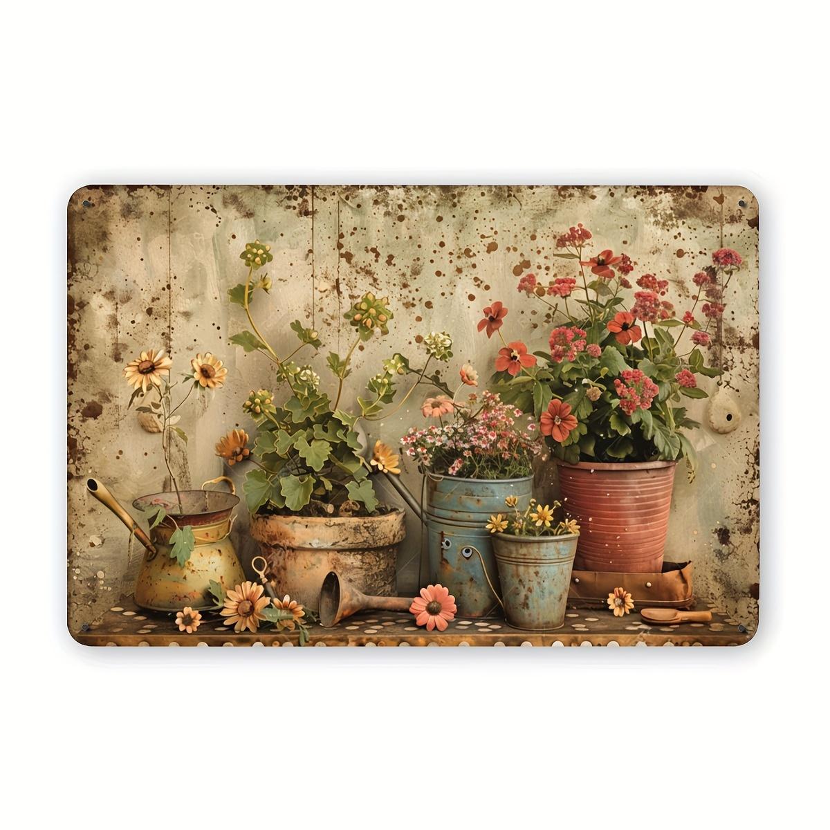 Mfoever Tin Sign HD Tin Sign Vintage Rustic Flower Potted Plants Retro Metal Tin Sign for Garden Wall Decor 20x30
