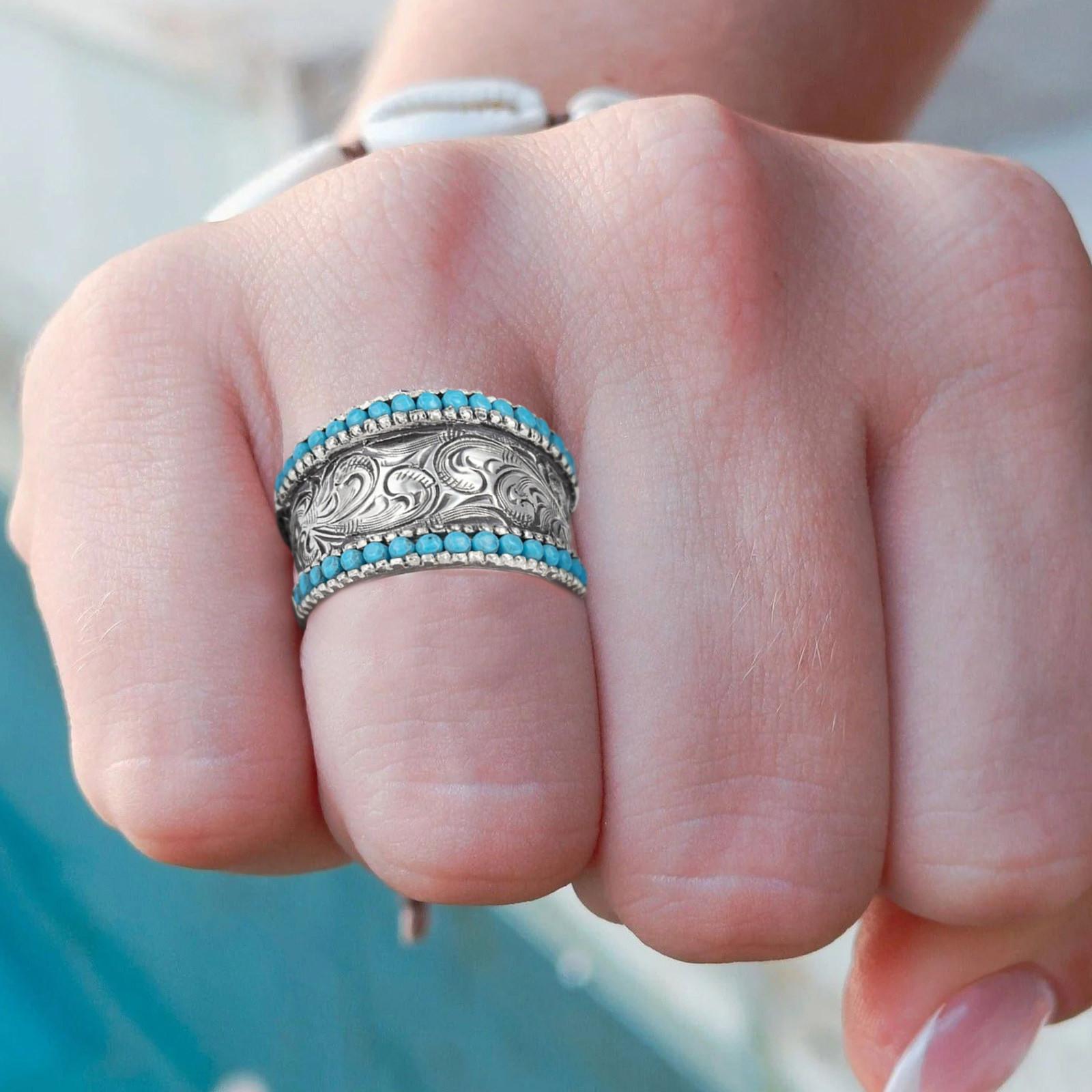 

Vintage Double-sided Inlaid Turquoise Carved Auspicious Cloud Ring 10 серебряный