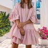 Summer Casual Loose Swing Dress for Women Babydoll Tiered Ruffle Sleeve Pleated Mini Mid-Length Dress Daily Life Beach Parties
