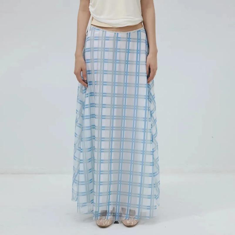 

Women Blue Plaid Mesh Maxi Skirt Lace Waist A Line Skirt S синий