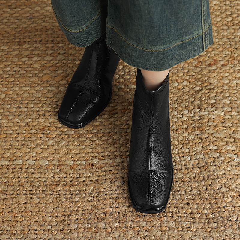 Krazing Pot Sheepskin Autumn Winter Shoes Thick Heels Size 42 Square Toe Zipper Vintage Ankle Boots