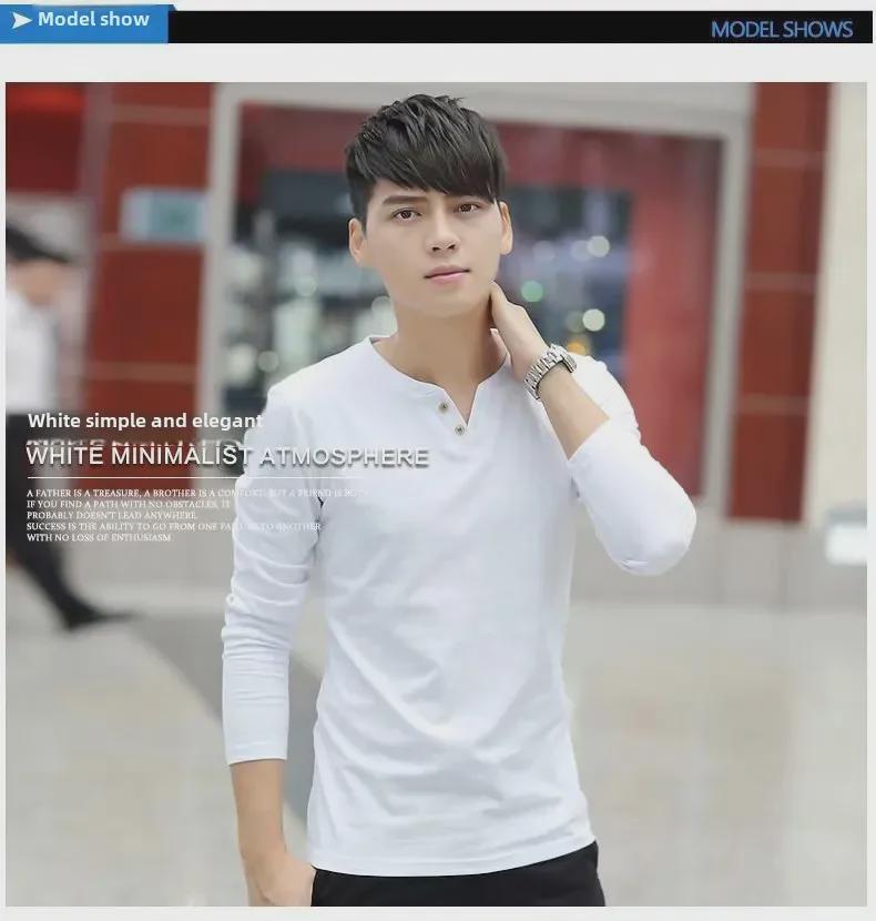 Men's Korean Style V-neck Two-Button Long-Sleeve Slim-Fit Cotton T-Shirt