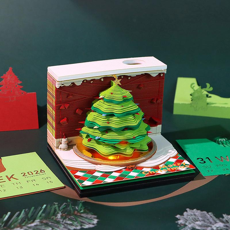 Time Piece Calendar 2026 Desk Calendar With Led Light 3D Tear-Away Calendar Paper Carving Art Memo Pad Notepad Gift Christmas