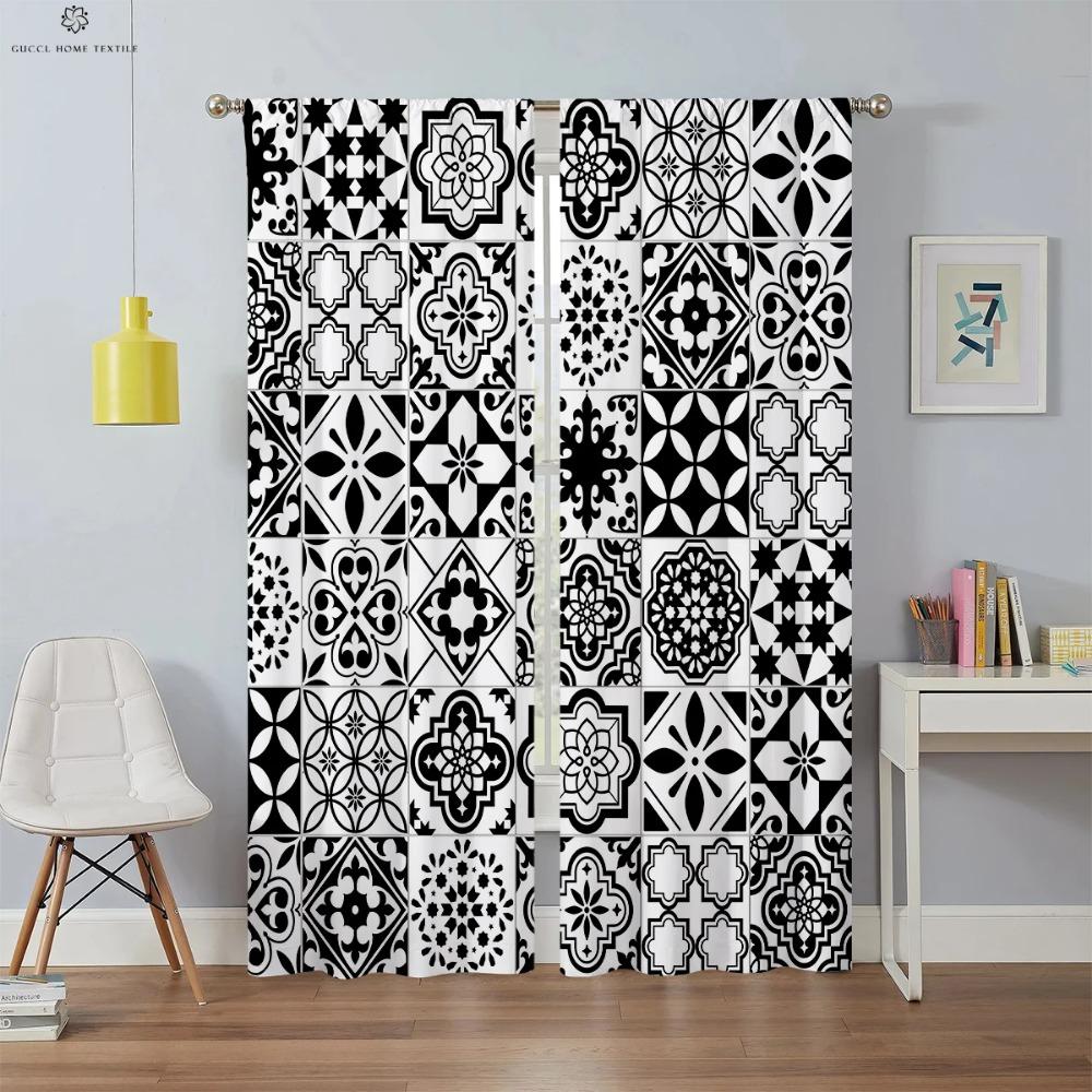 Bohemian Window Drapes with Colorful Pattern, Printed Curtain, Rod Pocket, Bedroom, Living Room, Study, Kitchen, 2 Pieces