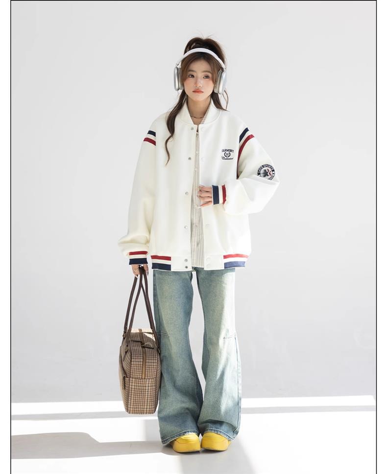 CHANT2nd American Retro Embroidered Baseball Jacket - Women's Spring/Fall Color Block Patchwork