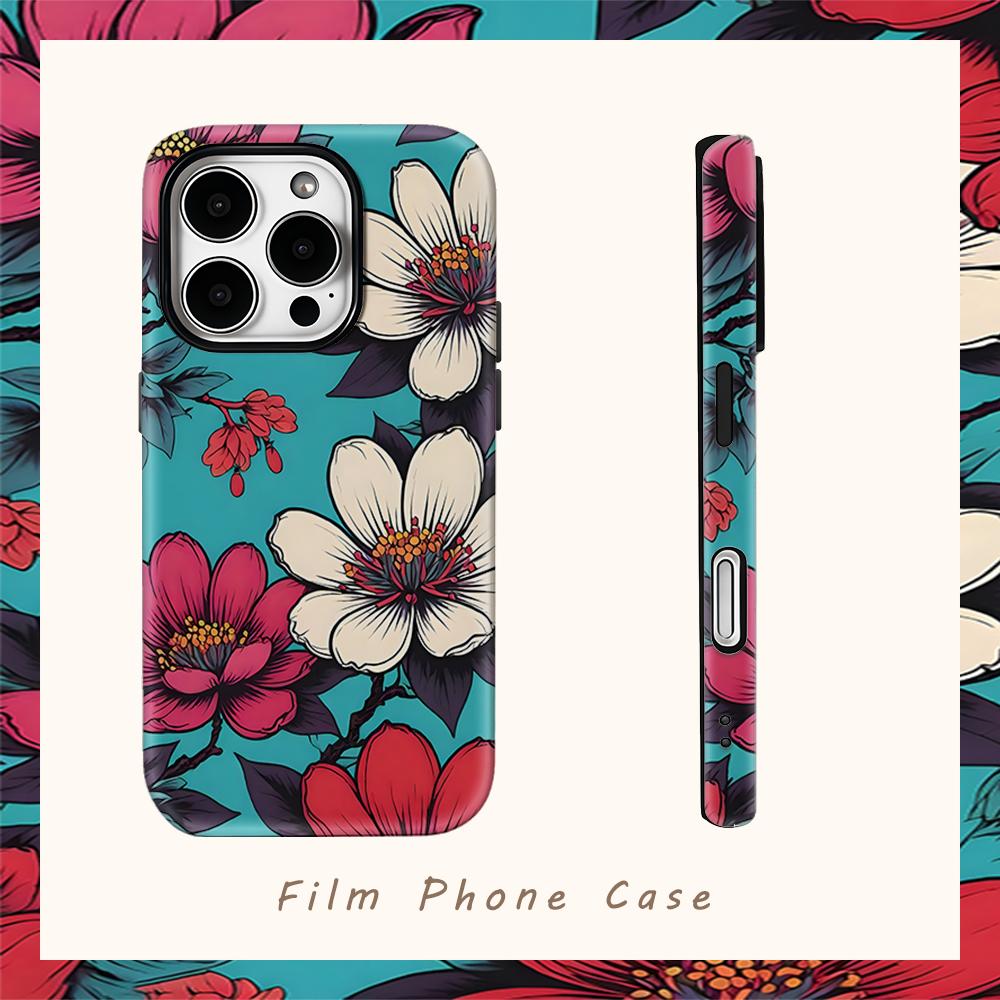 Turquoise Floral Art Print Phone Case for IPhone 17AIR 16E 16 15 14 13 12 11 17 Pro Max Plus Double-layer Back Cover