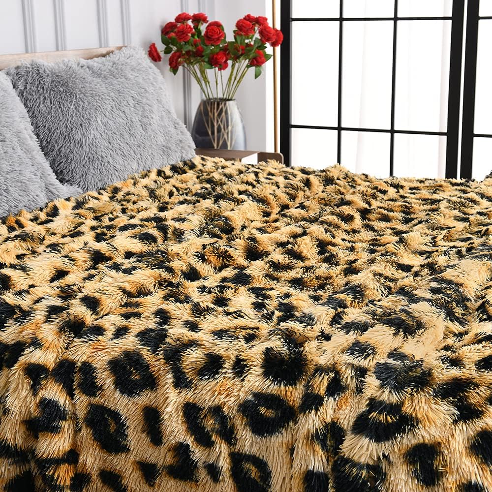 HOMORE Fluffy Leopard Blanket, Plush Cheetah Print Throw Blankets Soft Faux Fur Bed Throw for Decorative Couch Chair Sofa, Washable and Lightweight,