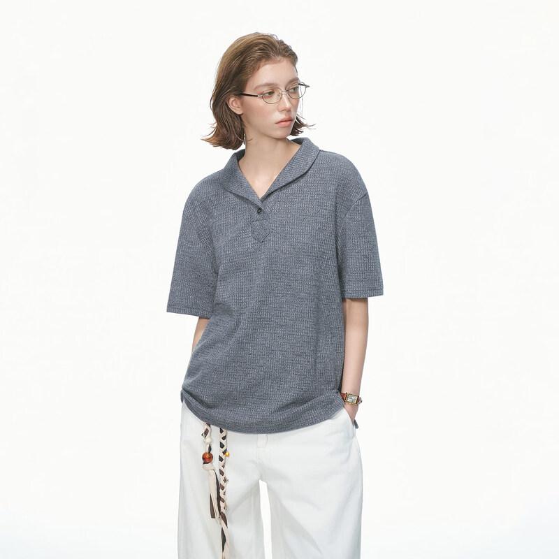 

ICH MODE Old Money Style Textured Knit Polo T-Shirt L