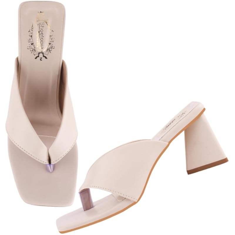 Shoetopia Women'S Cream Block Heel Thong Sandals Lilac Slip-On Square Toe Heels Design Stylish Comfortable, Durable Per