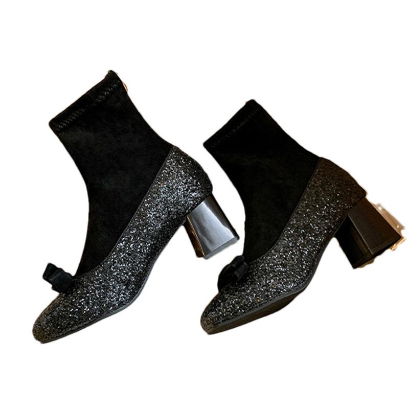 Bow Bling Women Chunky Ankle Boots Fashion Designer Mid Heels Shoes New Brand 2025 Trend Winter Dress Pumps Goth Botas De Mujer