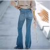 Women Jeans Bleached High Waist Flare Jean Zipper Fly Vintage Washed Loose Fit Denim Full Length Pants Pockets Basics Solid Color