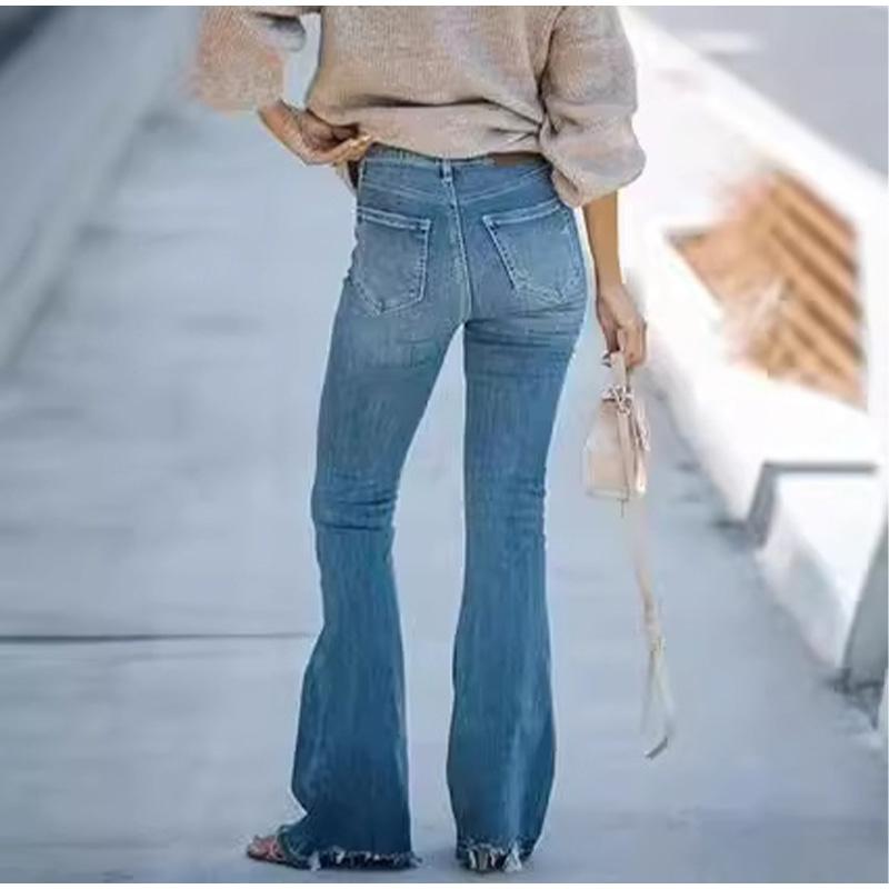 Women Jeans Bleached High Waist Flare Jean Zipper Fly Vintage Washed Loose Fit Denim Full Length Pants Pockets Basics Solid Color
