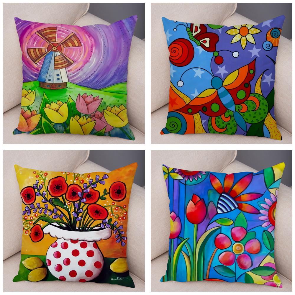 Children Oil Painting Art Cushion Cover Both Sides Plush Pillow Case Decor Cartoon Plant Throw Pillowcase for Sofa Home Car
